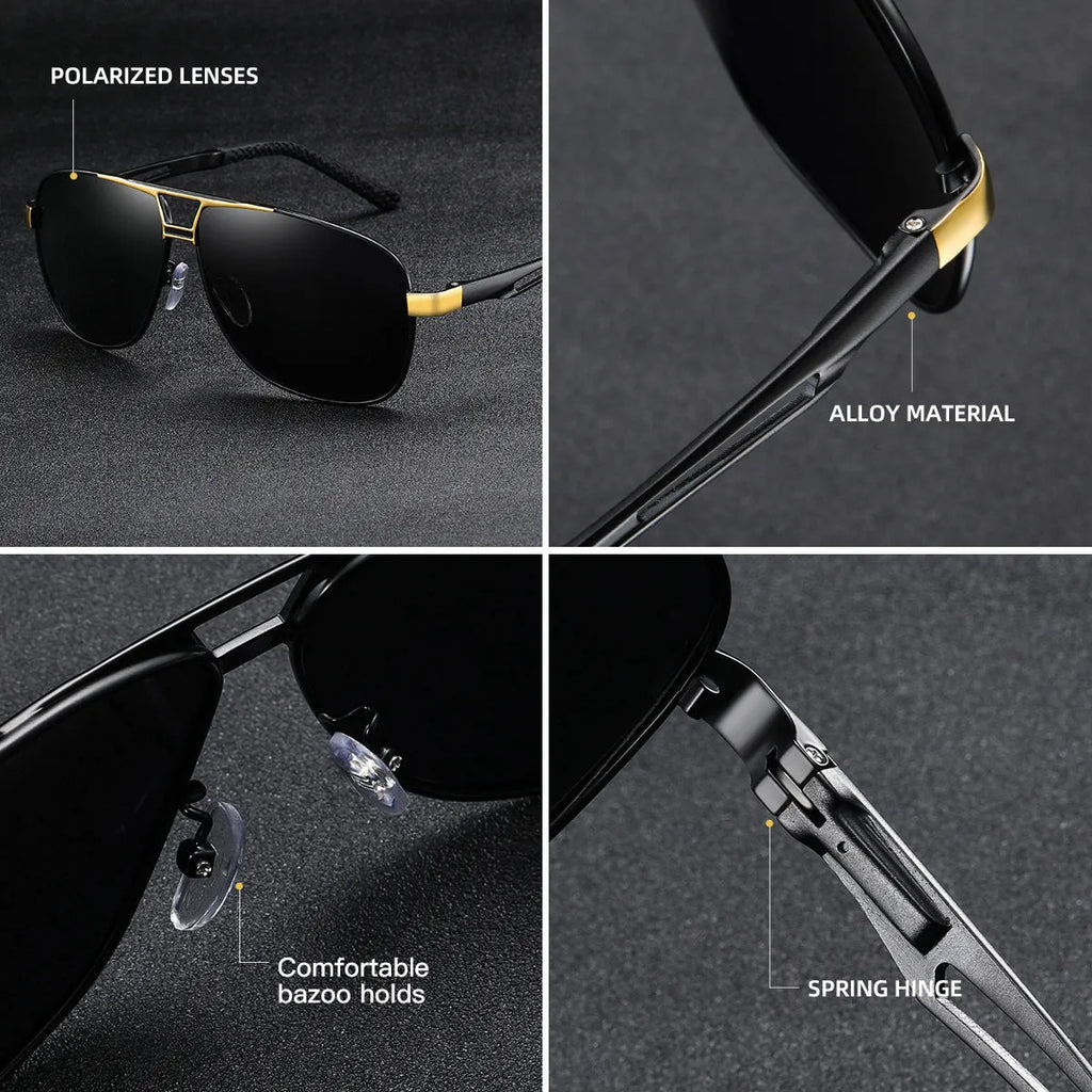 Men's aviator-style sunglasses with orange red polarised lenses and a metal frame on a grey background.