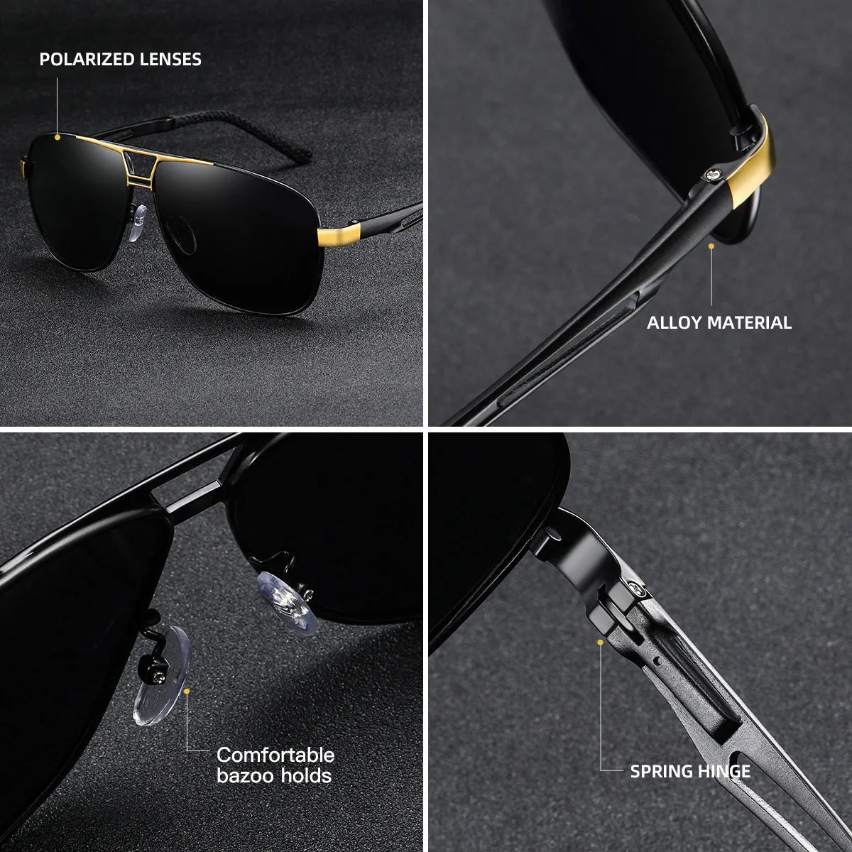 Men's aviator-style sunglasses with orange red polarised lenses and a metal frame on a grey background.