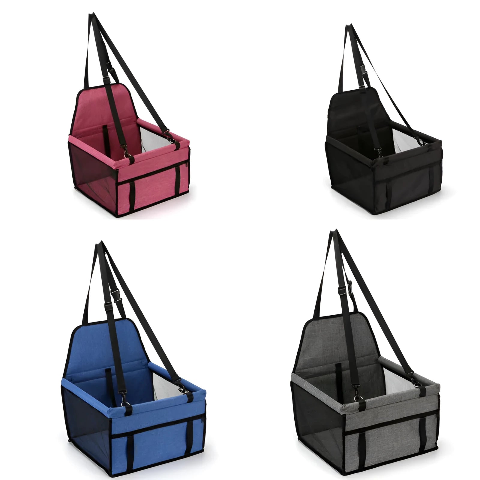 Foldable pet safety seat car bag in black Oxford cloth on a car seat with safety tether visible
