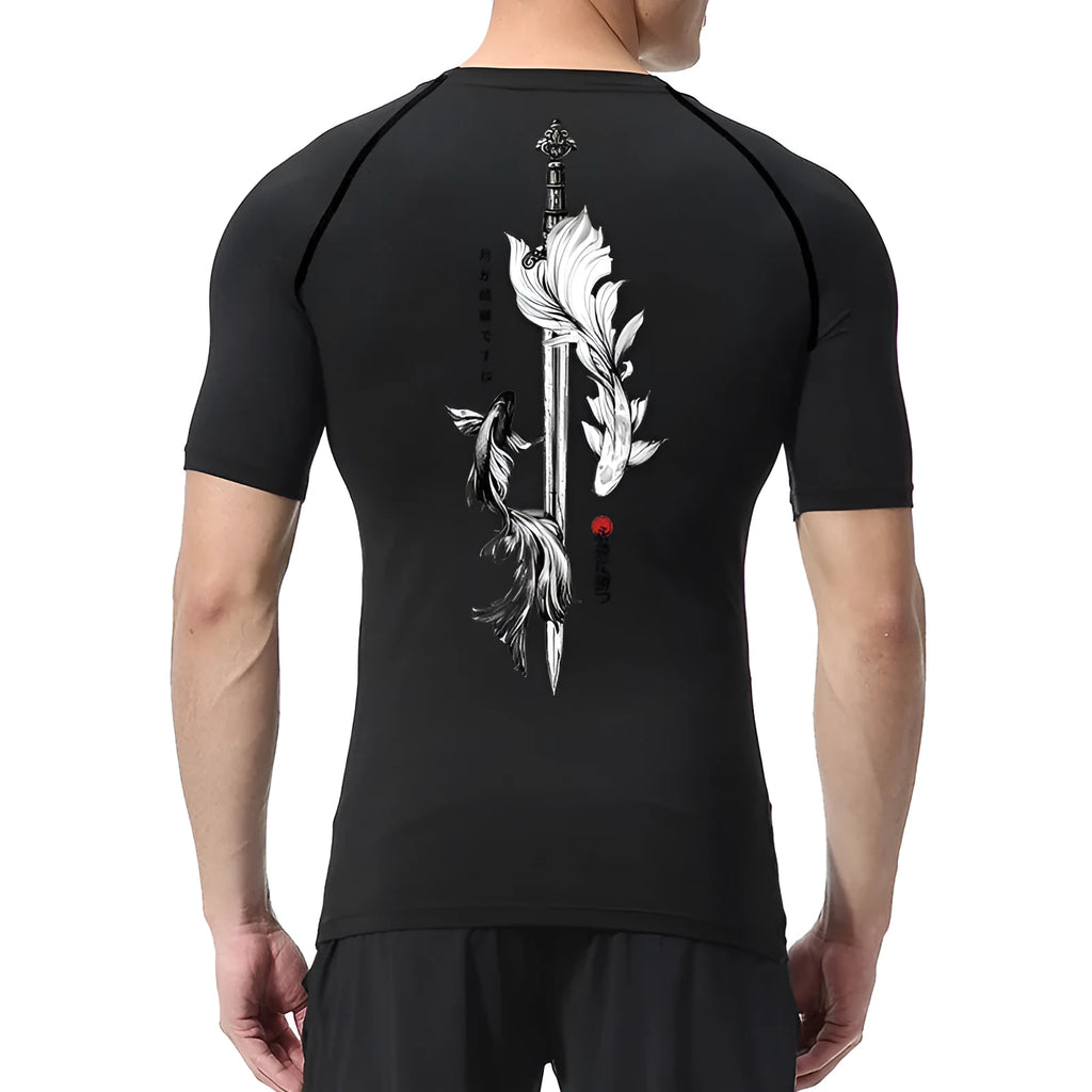 Men's sword printed short sleeve compression shirt in loose fit Asian sizing