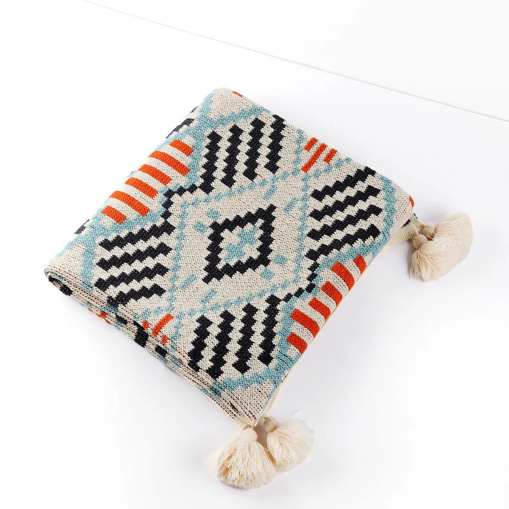Bohemian acrylic sofa cover blanket with tassels in geometric pattern colours