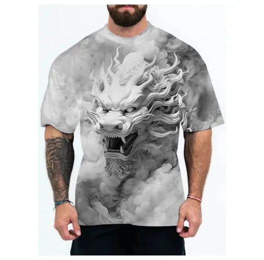 Men's gray dragon print short sleeve t-shirt in loose fit polyester fabric on plain background