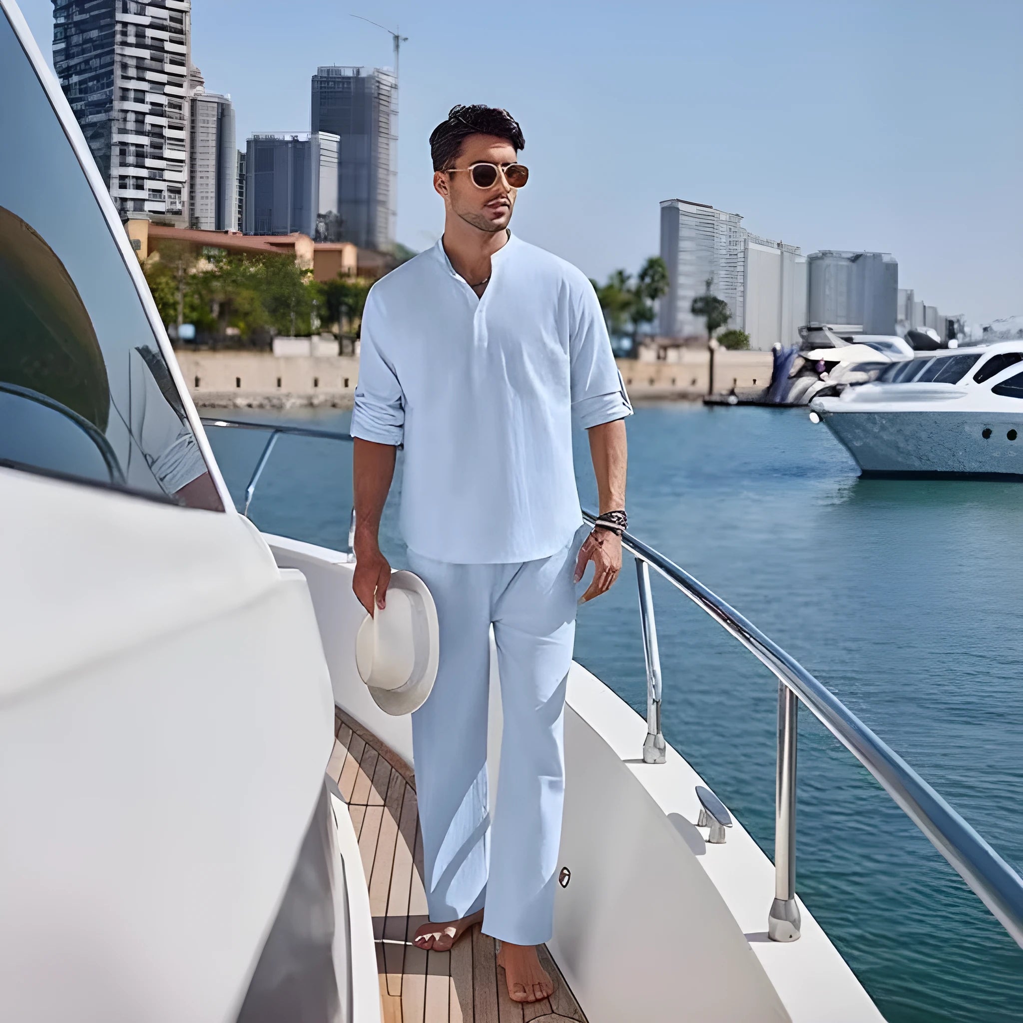 Men's casual cotton suit set in solid colour with long sleeve top and matching trousers