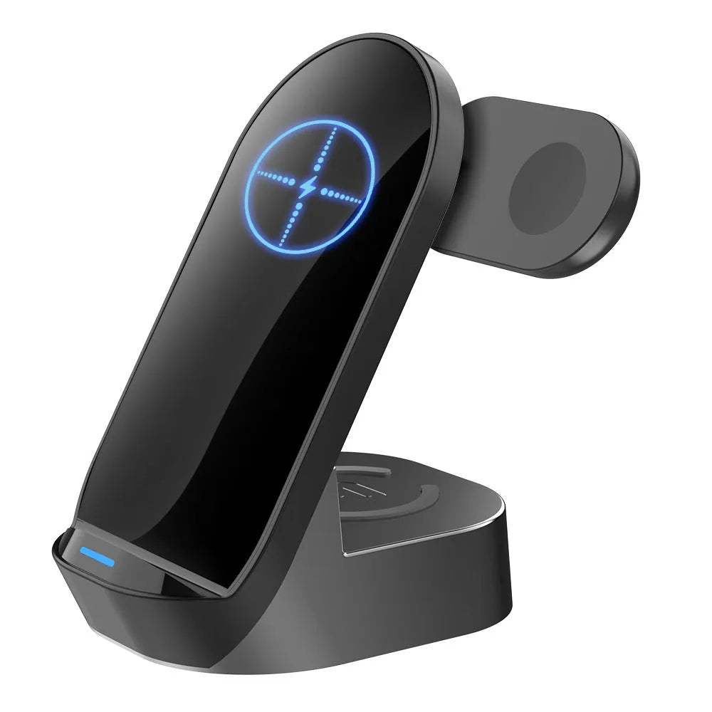 Black grey foldable 3-in-1 wireless charger stand with phone upright, watch and earbuds case on pads.