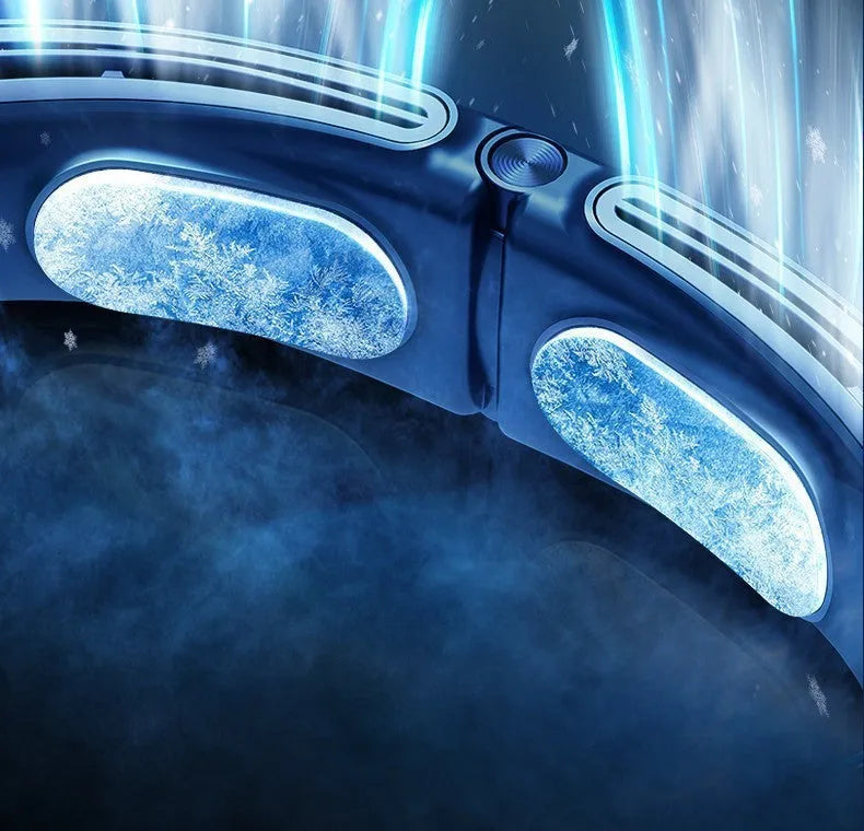 Bladeless neck fan with refrigeration and 4000mAh battery shown in blue, lightweight design for hands-free use