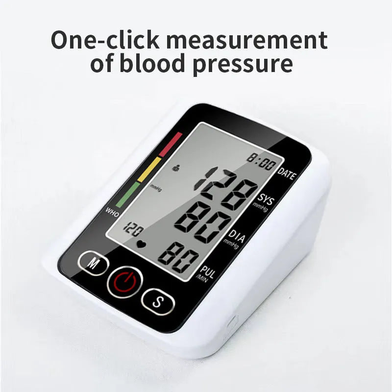 Automatic arm blood pressure monitor with large screen display on a table.