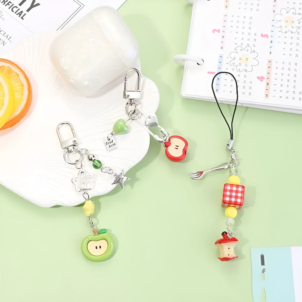 Plastic fruit pattern keychain charm with rope attachment for phone and bag decoration