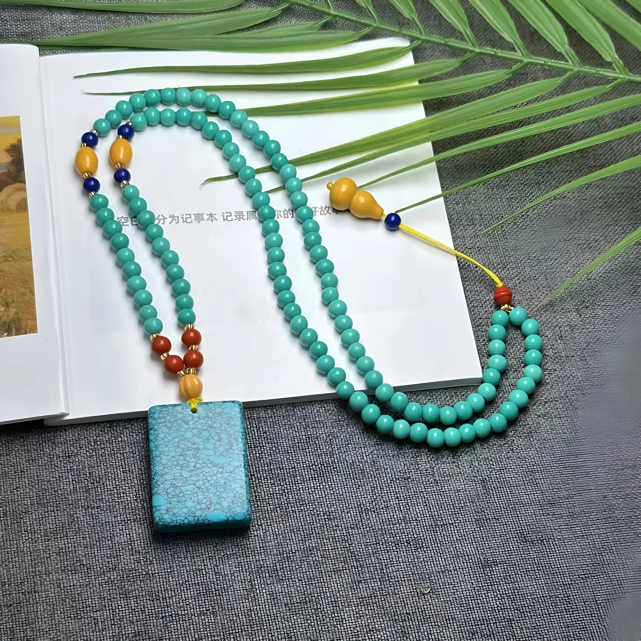 Turquoise mesh flower lucky pendant on adjustable ball bead necklace chain