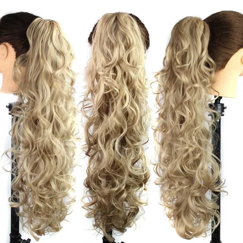 Chemical fiber ponytail extension with wavy long curly texture and grab clip, 65cm length, available in 12 colours