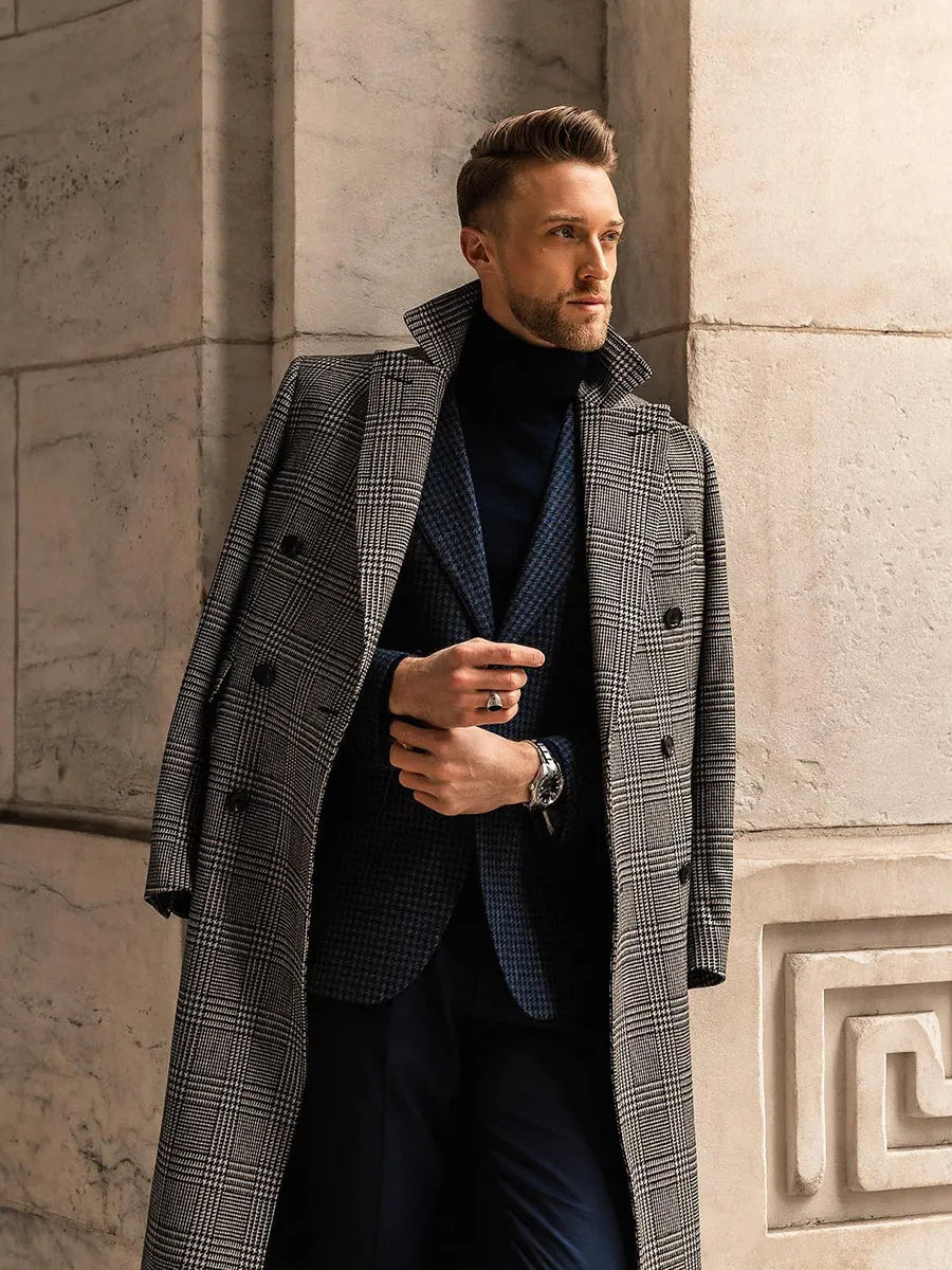 Grey checked 100% wool double breasted overcoat with suit collar and horn clasp, front view on mannequin