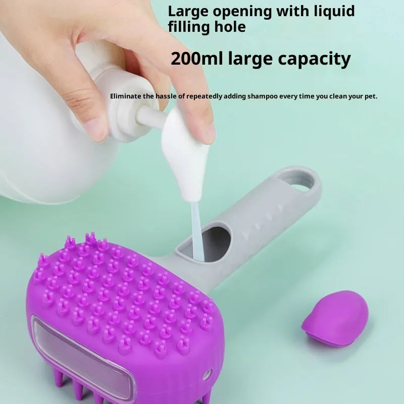Purple silicone pet shower brush floating in water for dog bath, with body lotion included