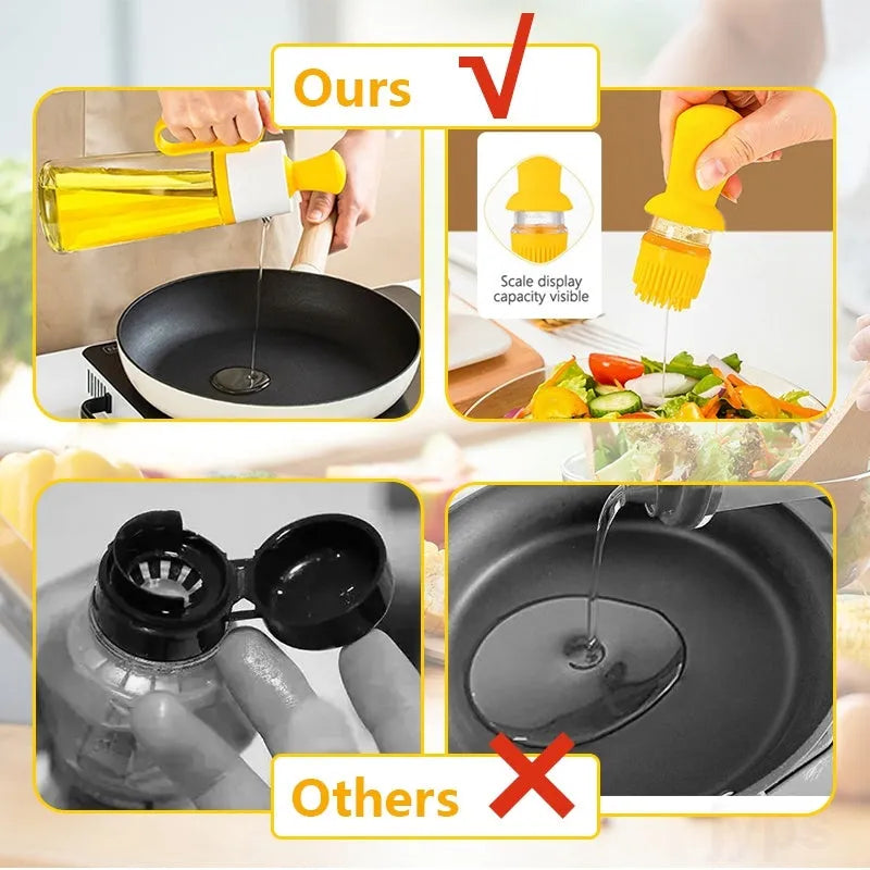 2 in 1 oil dispenser with silicone brush on wooden table against dark background