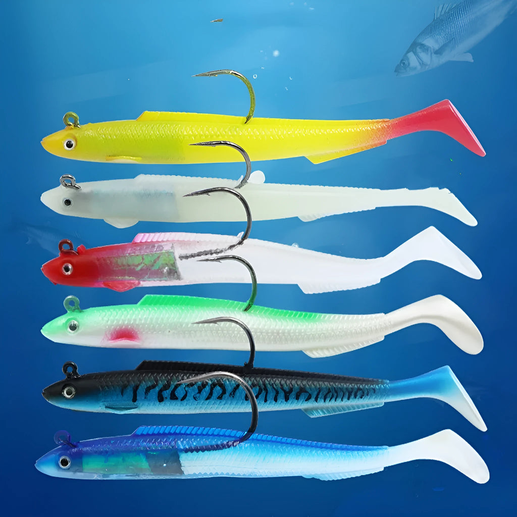 Soft rubber T-tail fish jig hook lure in 15cm length with multiple colour options
