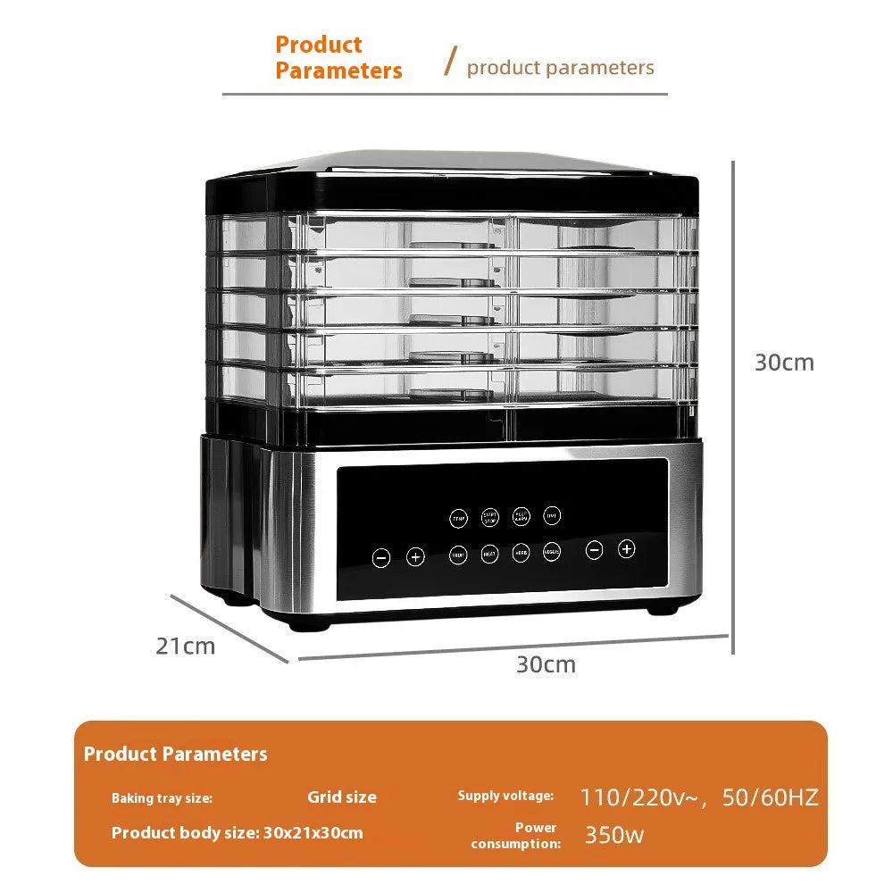 Silver stainless steel fruit dehydrator with 14-litre capacity and digital temperature control panel
