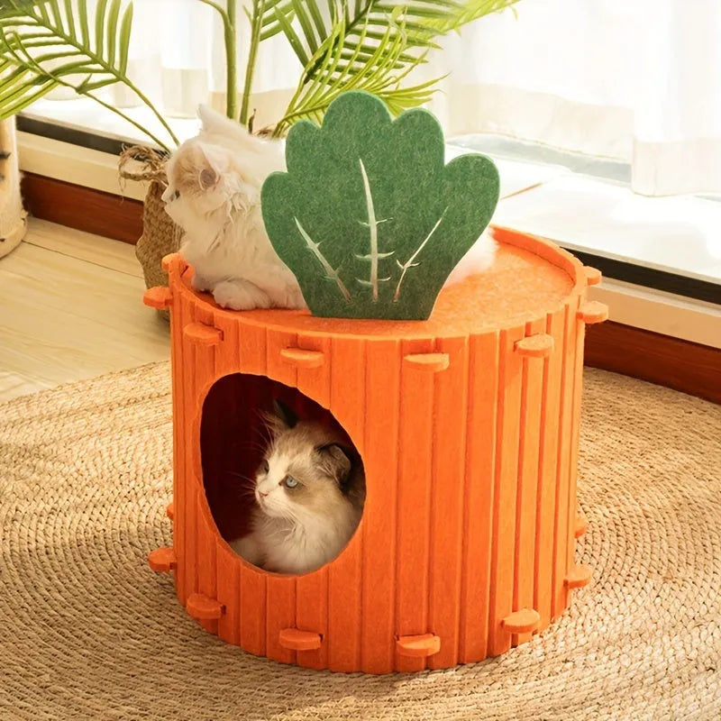 Carrot-shaped grey felt cat bed with a round tunnel entrance, shown next to a cat.