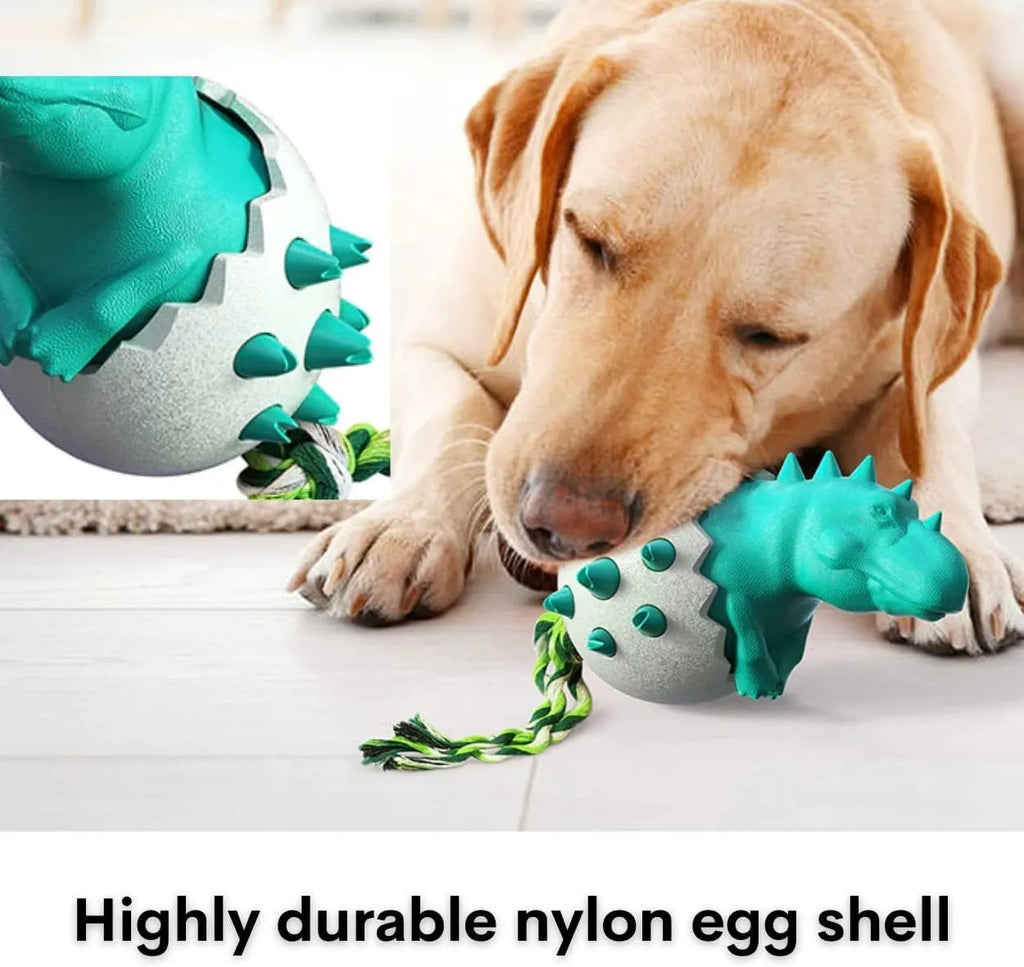 Blue durable rubber and nylon dinosaur-shaped dog chew toy with an integrated rope for aggressive chewers.