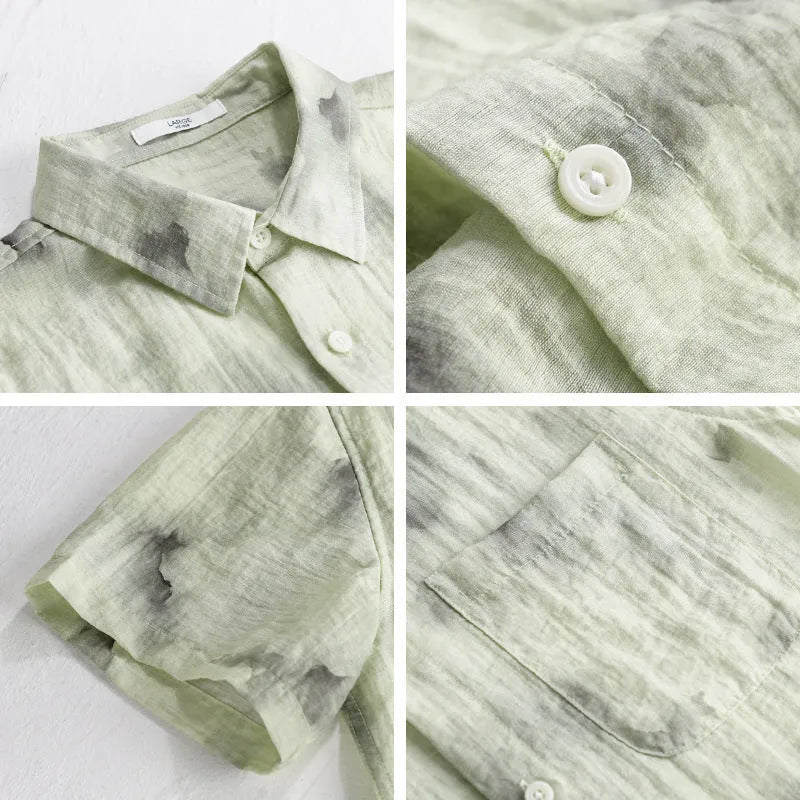 Linen blend printed short sleeve shirt cardigan in light green floral pattern, loose fit, on a female model