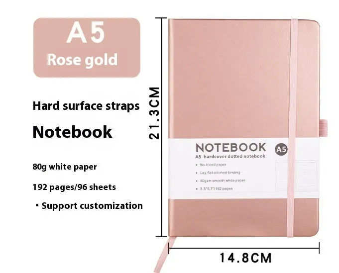 A5 and A6 size notebooks with soft skin-feel PU leather covers and a strap, shown in various colours next to open pages with horizontal ruled lines.