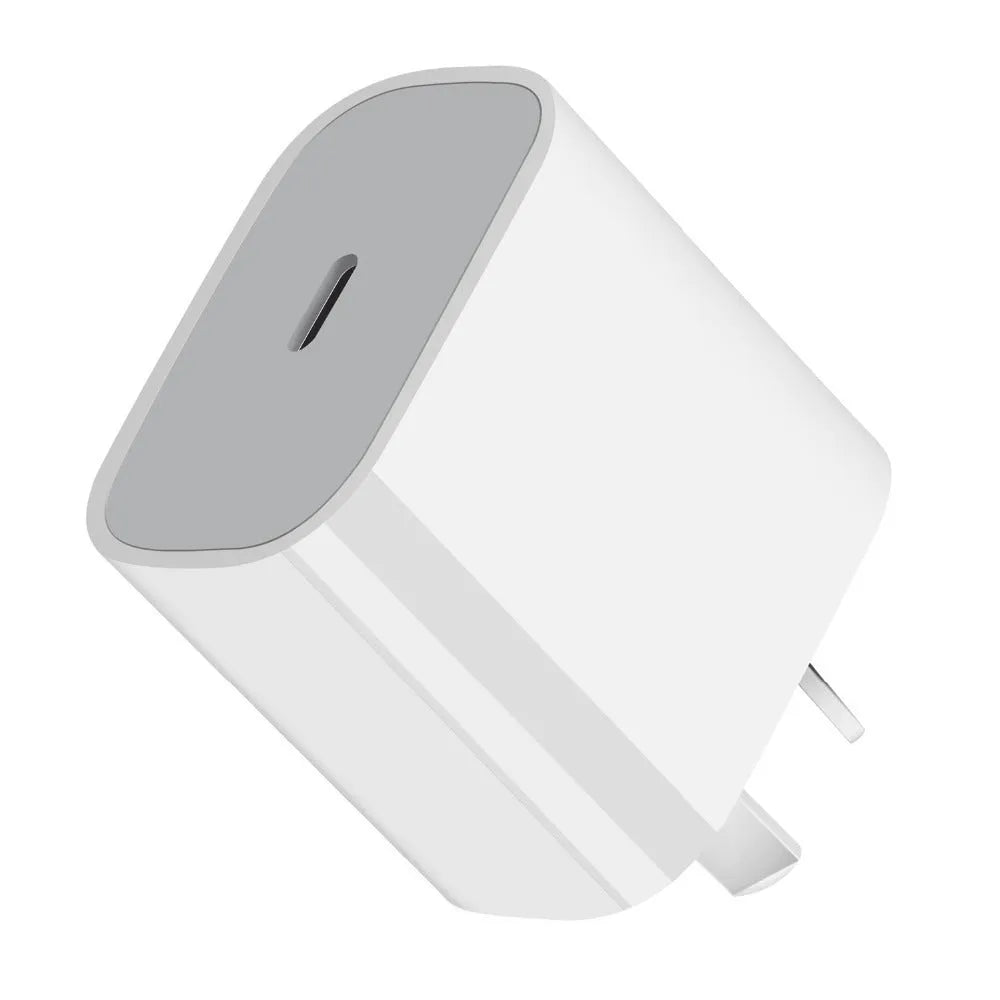 White 20W USB-C PD fast wall charger showing Type-C port and international plug compatibility.