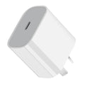 White 20W USB-C PD fast wall charger showing Type-C port and international plug compatibility.