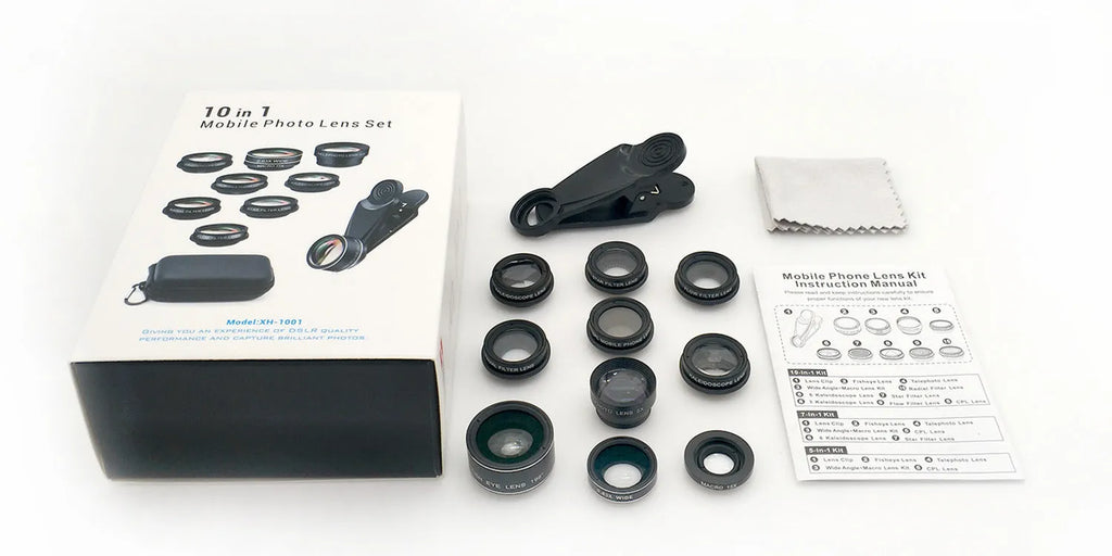 Ten-in-one external camera lens set with fisheye, wide-angle, macro and creative filters for smartphones