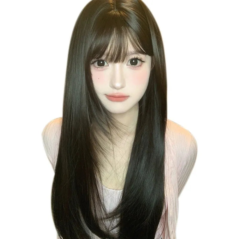 Dark brown full-head synthetic wig with long straight hair and bangs for round face shapes