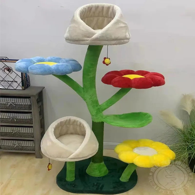 Beige flower cat climbing frame with nest platform and grasping board, 162cm tall, iron and plush construction