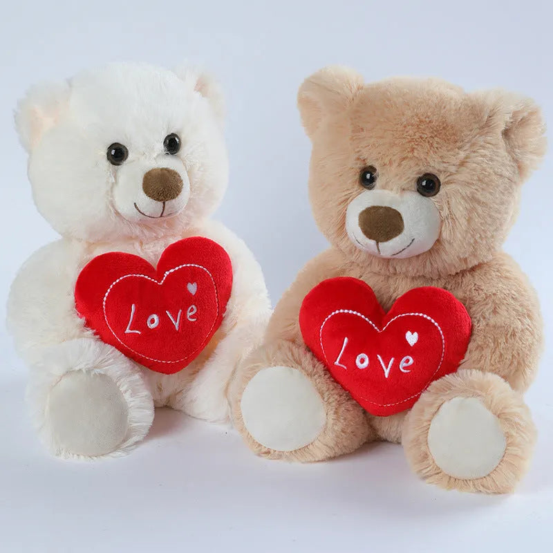 Cute heart-hugging teddy bear plush toy in brown, 30cm tall, standing on a white background