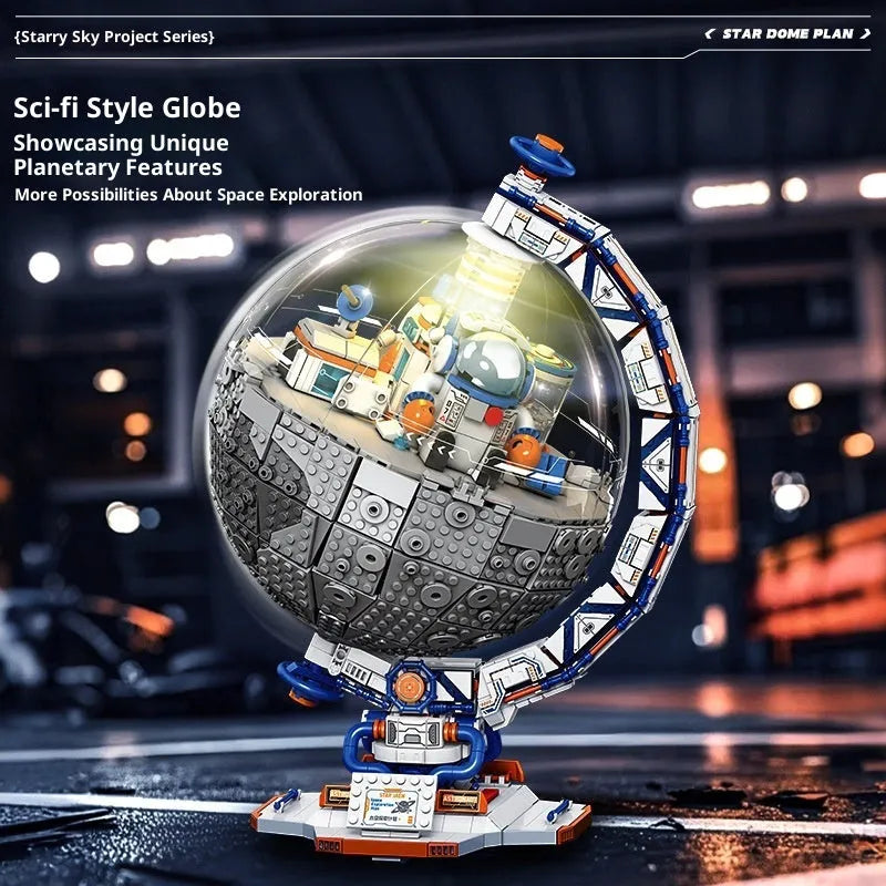 Space Dawn Earth Instrument building block model set in colour box packaging, plastic small particle blocks.