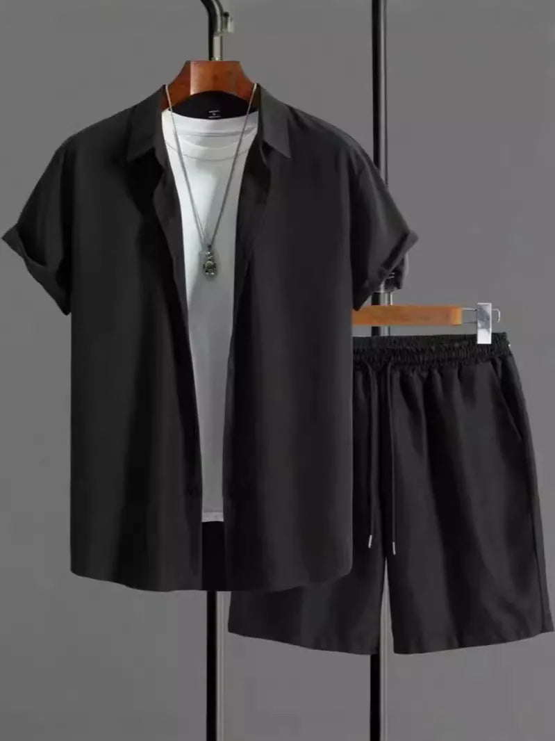 Jacquard short sleeve suit set in chemical fibre blend fabric showing top and matching trousers