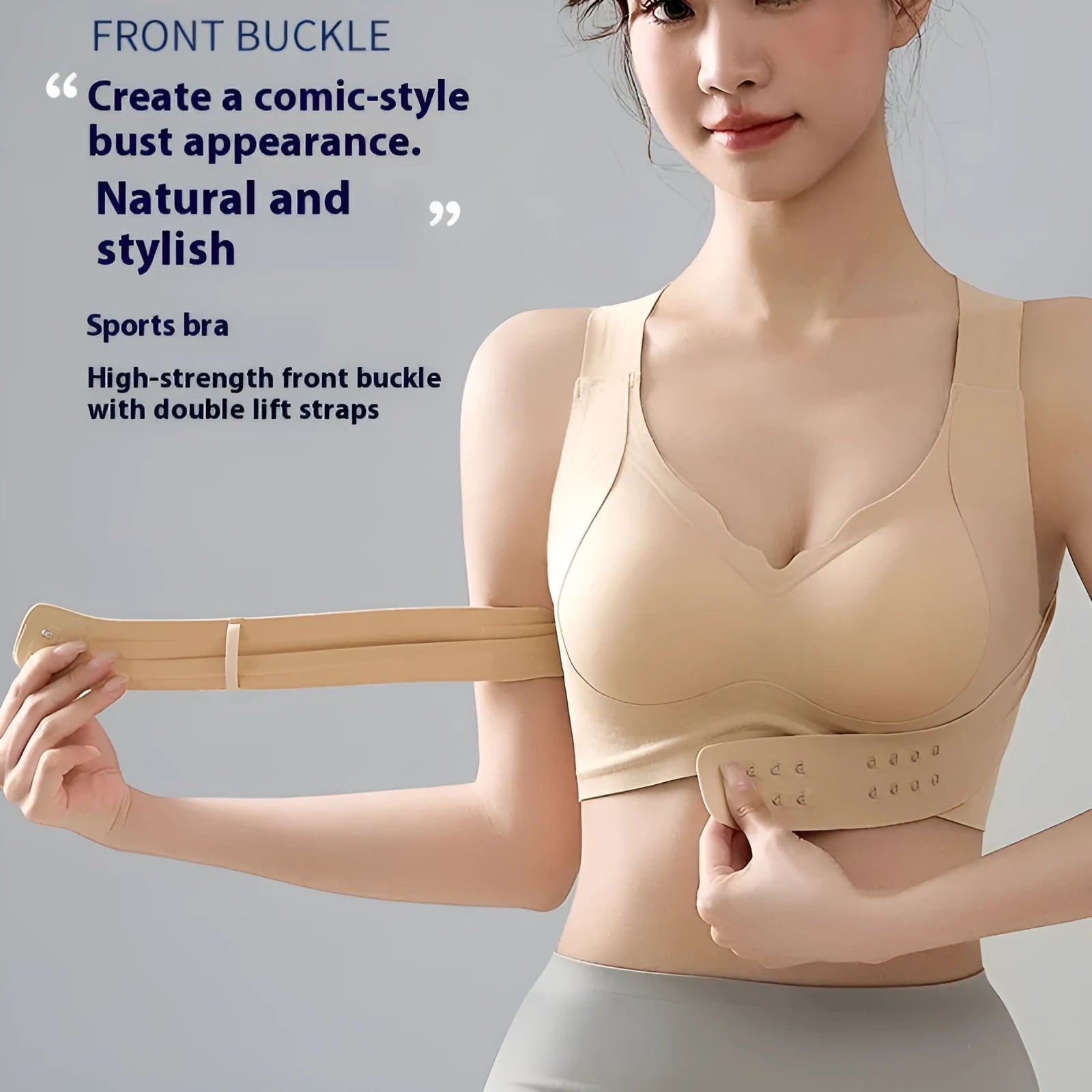 Women's front buckle exercise bra with back shaping in nylon fabric