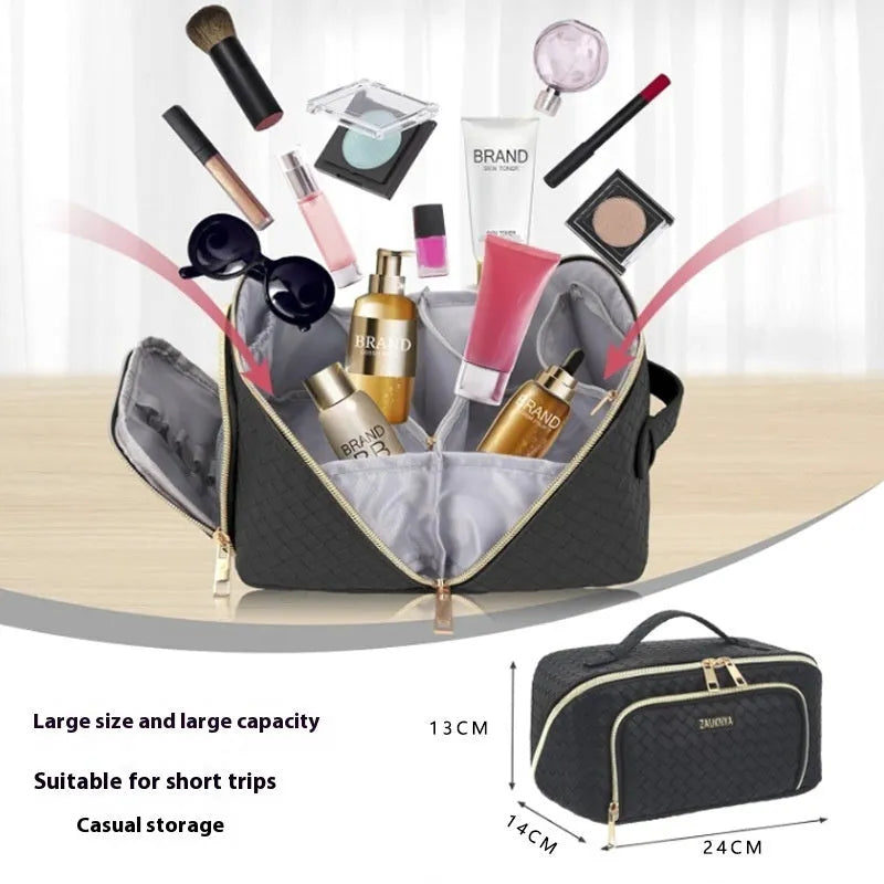 Large-capacity waterproof PU cosmetic organiser bag with multiple pockets and metal zipper in orange colour