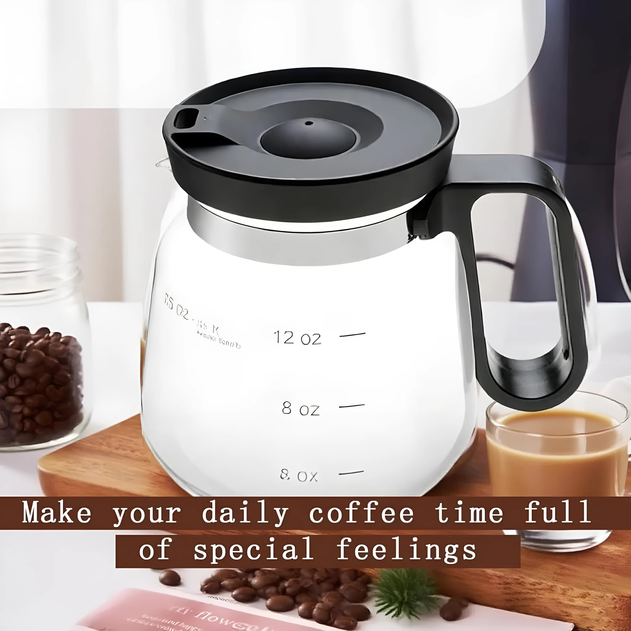 Black 16 oz borosilicate glass coffee cup coffee pot style on table