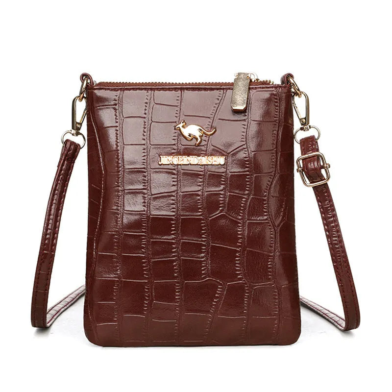 Square vertical shoulder messenger bag in stone pattern colour with file compartment visible