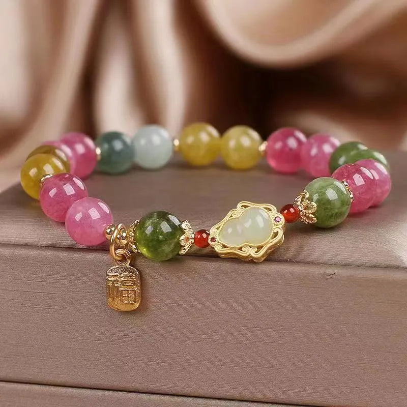Women's bracelet with colourful tourmaline gourd blessing card charm and electroplating finish