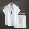 Men's white cotton blend cardigan shirt and shorts set for summer leisure wear