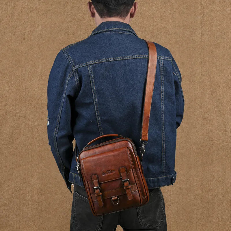 Genuine leather retro hand-rubbed top-grain cowhide shoulder bag for men light brown 8 inch
