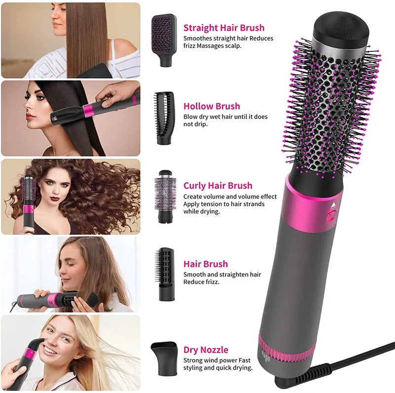 Dyson grey 5-in-1 hair dryer brush styling tool with multiple brush attachments on a white background.