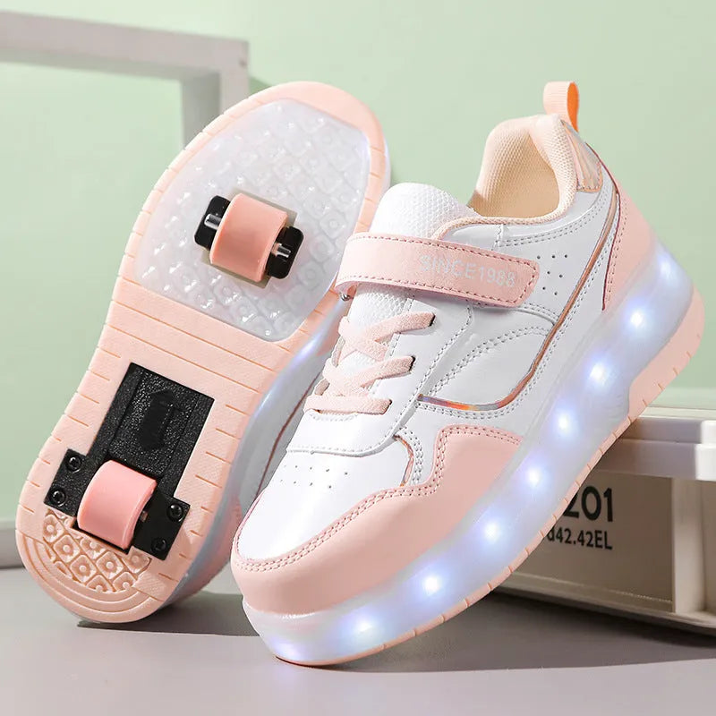 Children's light up roller skates in pink, showing LED illuminated wheels and adjustable sizing.