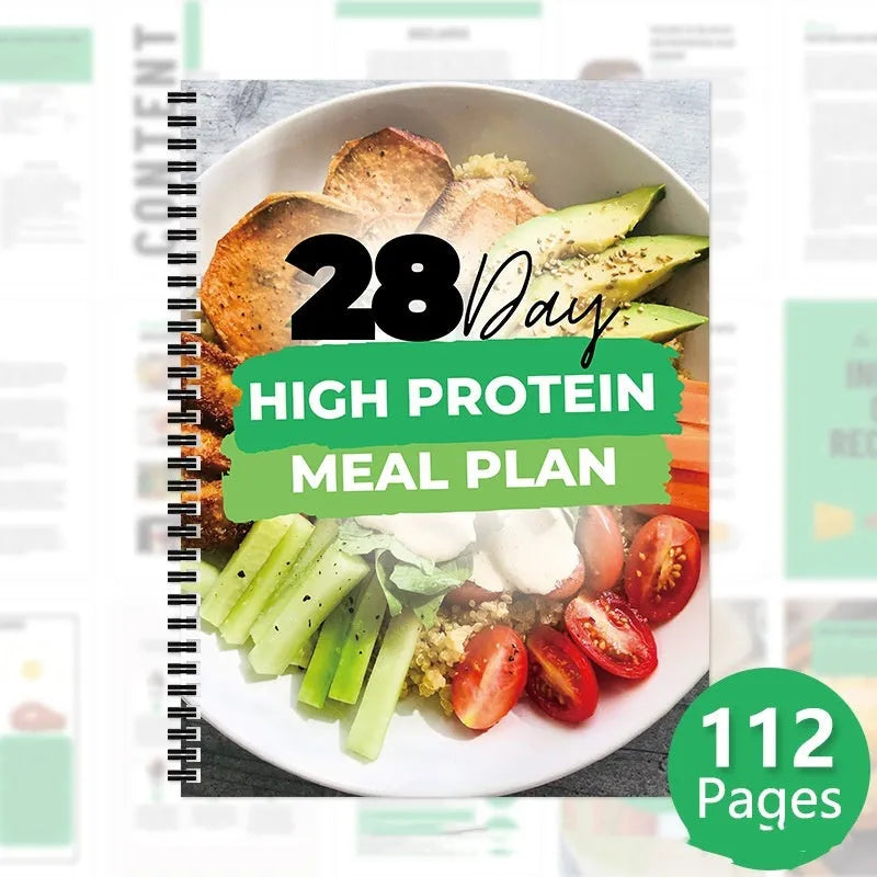 28-day high-protein diet plan book on paper, A4 size 21cm by 28.5cm, with cover titled 28Day Dietary Plan