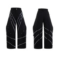 Men's black trousers with metal rivet pleats and a three-dimensional tailored cut.