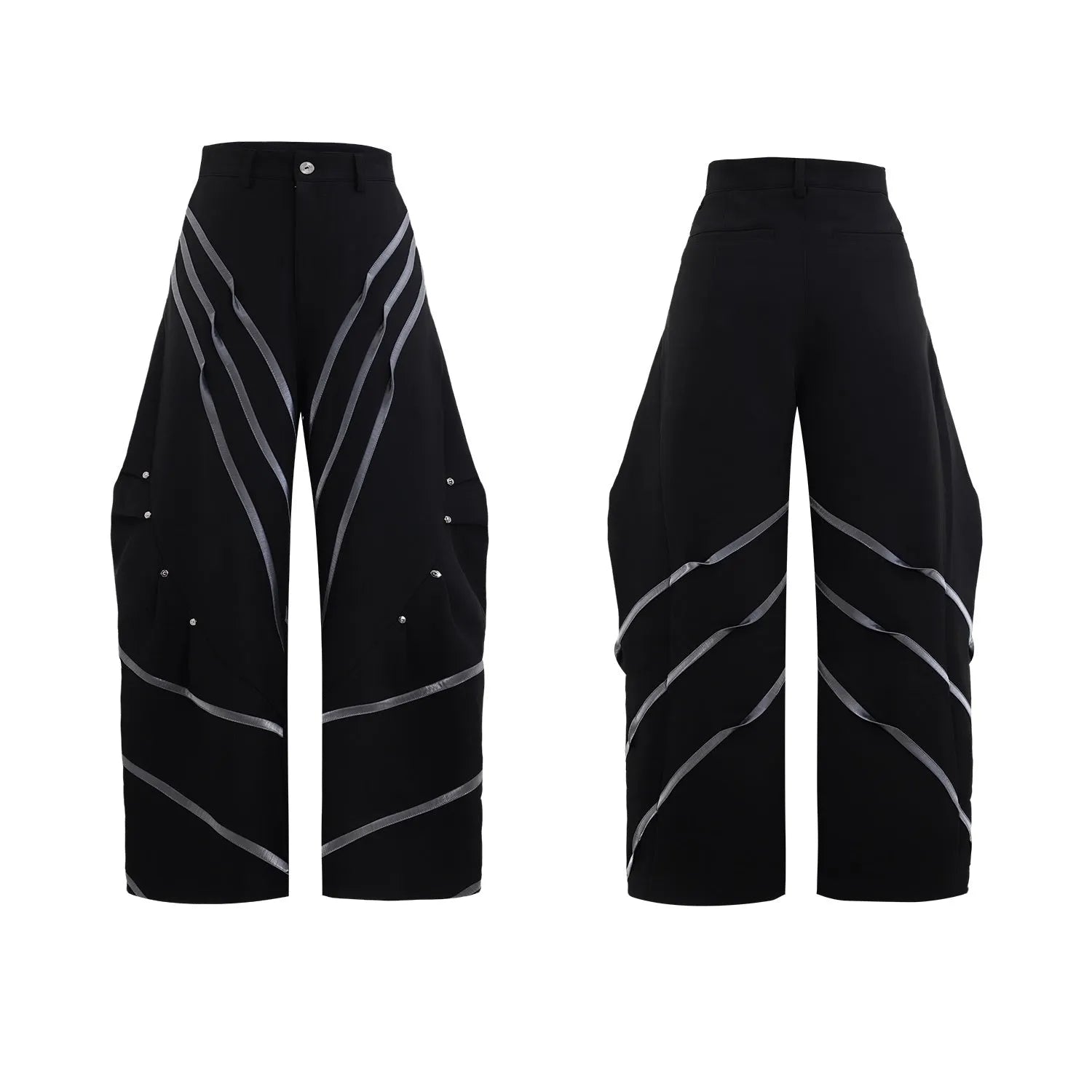 Men's black trousers with metal rivet pleats and a three-dimensional tailored cut.