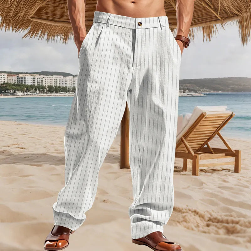 Men's linen striped high waist wide leg loose trousers in light khaki with button fly