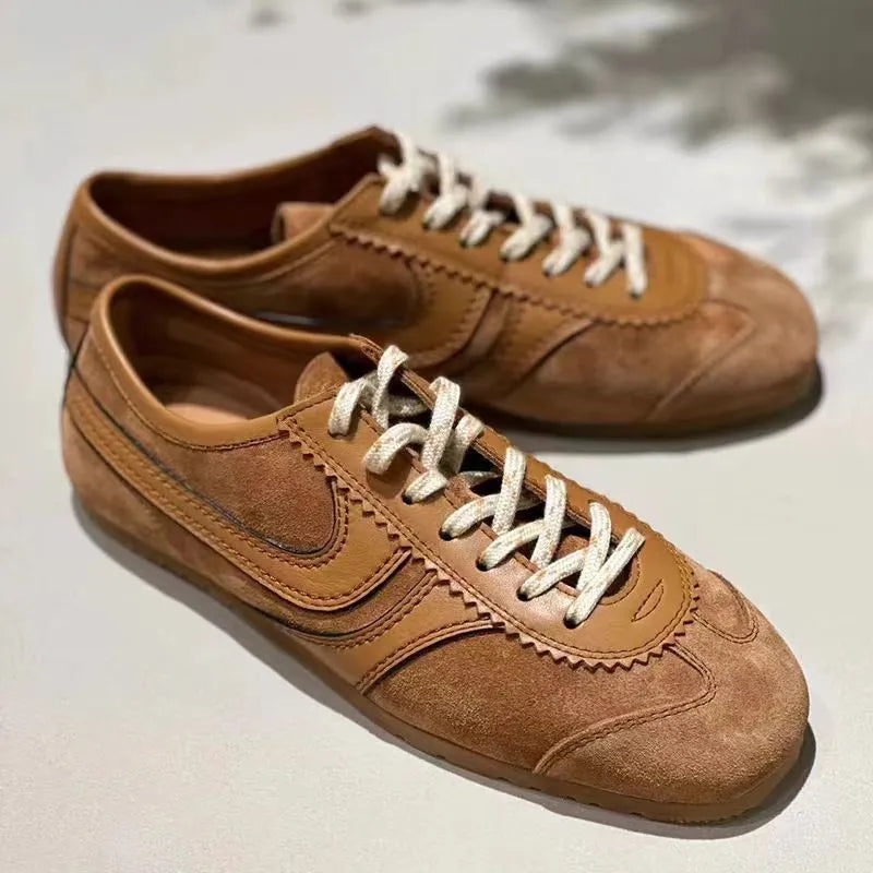 Genuine leather retro women's sneakers in brown, low top flat heel casual shoes
