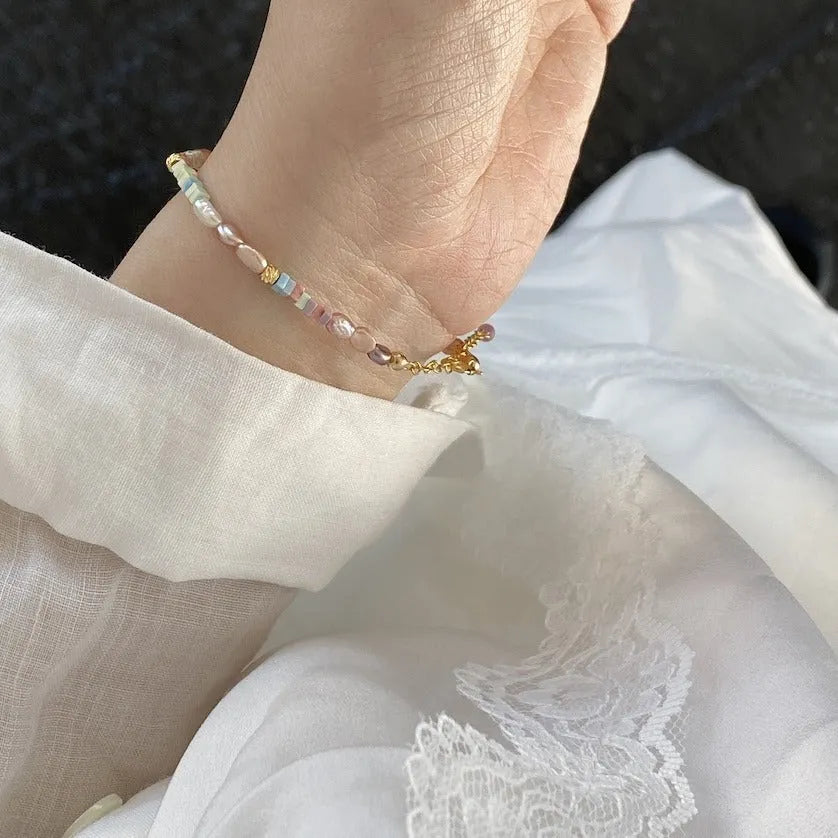 Women's purple pearl bracelet and necklace set with 14K gold vermeil finish