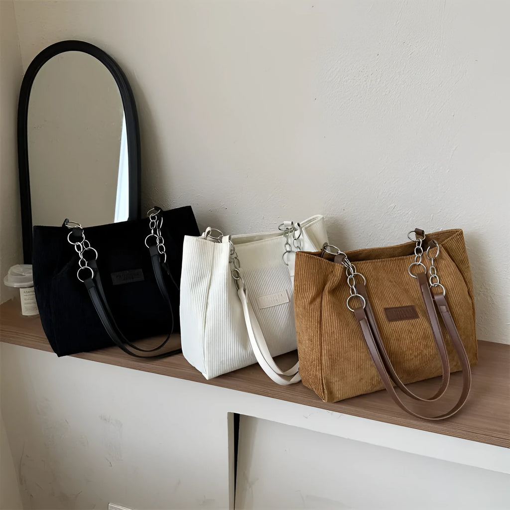 Corduroy women's tote handbag with one-shoulder strap and three-dimensional pocket in horizontal square shape