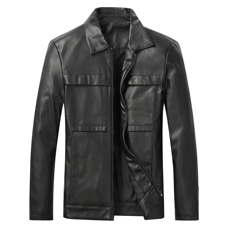 Men's slim lapel artificial leather jacket in black, side pockets, spring autumn outerwear