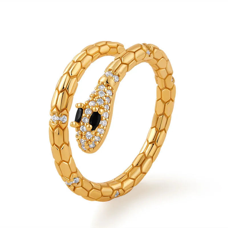 Snake-shaped adjustable copper ring with gold colour plating and diamond surface treatment