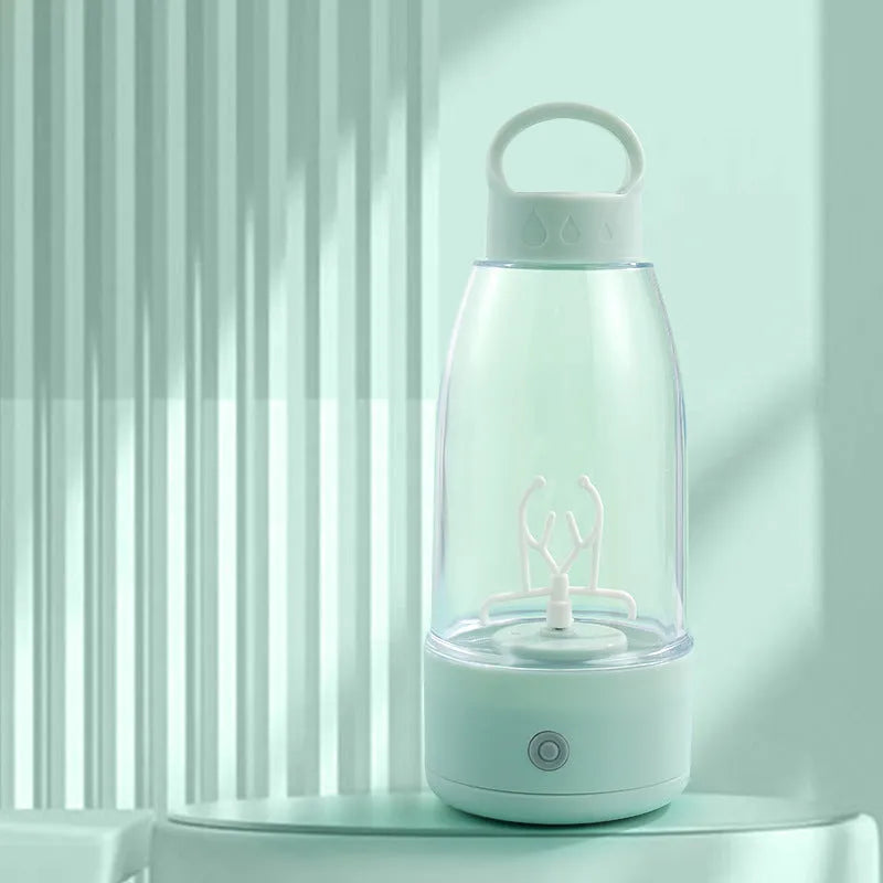 Automatic electric shaker bottle with USB charging port and handle in green, pink or white.