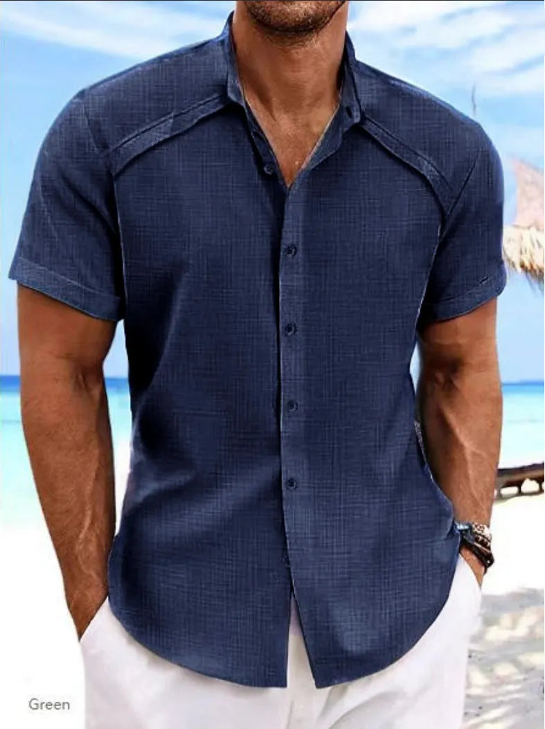 Hawaiian casual short sleeve solid colour shirt in cotton blend fabric